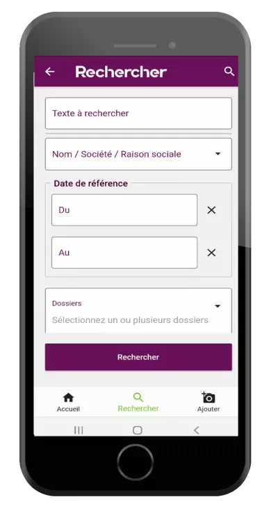 Smartphone avec à l'écran le menu de recherche DematAgri